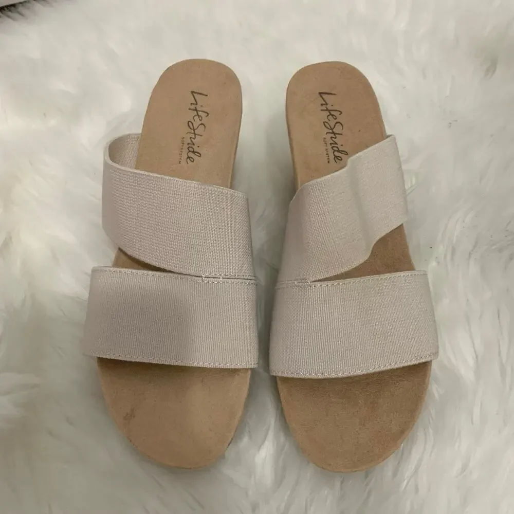 Life Stride Divine Neutral Double Strap Wedge Cork Heel Sandals Size 6